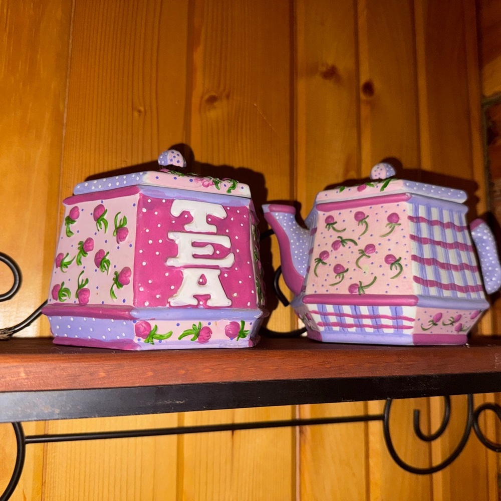 Colorful Ceramic Tea Set Pink and Purple Florals and Cute Pattern for Decor